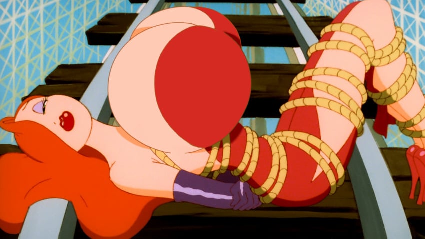 big_lips bondage breasts cleavage cleavage_cutout disney dress edit female female_focus female_only gloves hair_over_one_eye high_heels huge_breasts hyper_breasts jessica_rabbit legs lips long_gloves long_hair purple_eyeliner red_hair rope screenshot_edit tied_up tight_clothing train_tracks who_framed_roger_rabbit woot