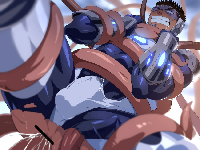 1boy anal bar_censor bara blue_bodysuit bodysuit bound bound_legs bulge censored covered_abs cum cum_in_clothes cum_through_clothes erection erection_under_clothes feet_out_of_frame from_below highres male_focus male_only muscular muscular_male original overflow rape restrained ruizu_(takakisan503) short_hair skin_tight solo spread_legs takaxvfruizu1 tentacle tentacle_sex tentacles_on_male tentacles_under_clothes thick_thighs thighs torn_bodysuit torn_clothes