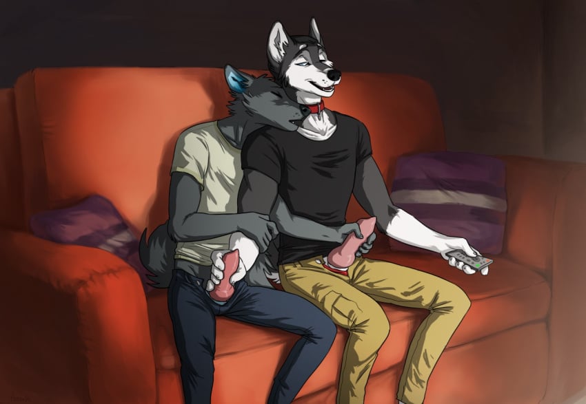 2019 2boys animal_genitalia animal_penis anthro biped black_clothing black_nose bottomwear canid canine canine_penis canis captainskee closed_eyes clothed clothing collar controller detailed_background digital_media_(artwork) duo erection fur furniture gay genitals grey_body grey_fur handjob holding_object humanoid_hands inside knot male male/male male_only mammal mutual_masturbation open_bottomwear open_clothing open_mouth open_pants pants penile penis pillow red_collar remote_control sex shirt sitting sofa topwear white_body white_fur wolf yaoi yukicanis