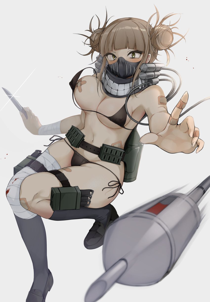 10s absurdres bandage bandaged_leg bandages bandaid bandaids_on_nipples bangs bikini black_bikini black_socks blonde_hair blunt_bangs blush bouncing_breasts breasts double_bun female female_focus gas_mask hair_bun highres himiko_toga jovejun knee_socks kneehighs kneesocks knife loafers looking_at_viewer mask medium_breasts micro_bikini mouth_mask my_hero_academia needle pasties pointing pointing_at_viewer pouch side-tie_bikini socks solo swimsuit thigh_strap underboob yellow_eyes