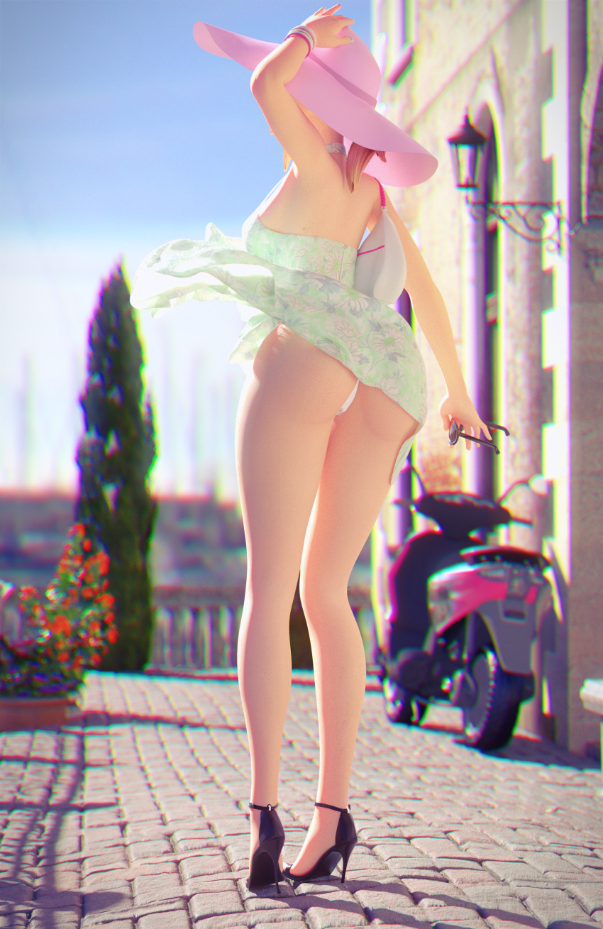 1girls 3d ass big_ass blizzard_entertainment blonde_hair bracelet breasts cakeofcakes clothed clothed_female dat_ass dress female female_focus female_only glasses hands_up hat high_heels high_resolution highres legs mercy overwatch panties solo sundress sunglasses thong underwear upskirt vacation white_panties white_skin