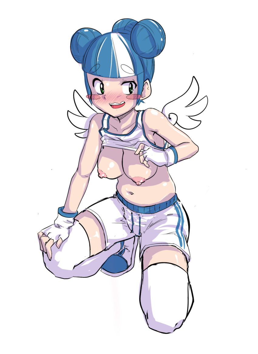 1girls angel_wings areolae bichosan blue_hair blush breasts breasts_out female_only fingerless_gloves godette godot_engine green_eyes hair_bun hair_streak large_breasts mascot multicolored_hair navel nipples raising_shirt shirt_lift shorts squatting stockings tank_top triple_bun white_background white_hair