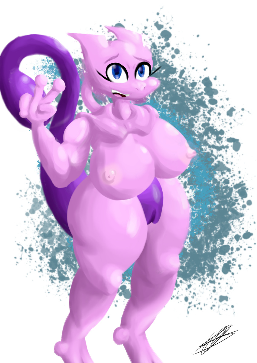 absurd_res anthro big_breasts breasts female genitals hi_res large_breasts legendary_pokémon lineless mewtwo nintendo pokemon pokemon_(species) pussy shieradevil smile thick_legs thick_thighs v video_games