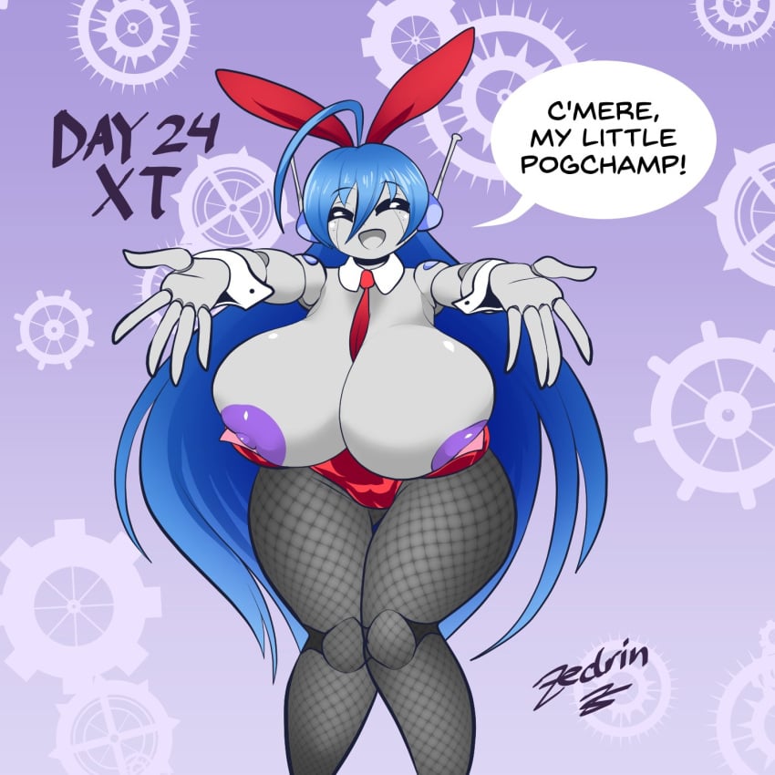 1girls ahoge antennae big_ass big_breasts big_butt blue_hair bowtie breasts breasts_out_of_clothes bunny_costume bunny_ears bunny_tail costume eyes_closed fanart female female_focus highres huge_breasts long_hair meme metallic_body my_little_pogchamp_(meme) nipple_slip open_mouth original_character pogchamp red_clothes robot robot_girl robot_humanoid smile smiling smiling_at_viewer text thick_thighs xt459 zedrin