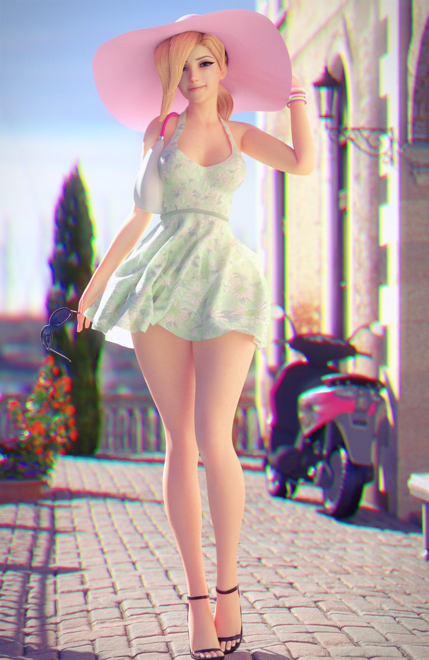 1girls 3d angela_ziegler blizzard_entertainment blonde_hair blue_eyes bracelet cakeofcakes dress female female_focus female_only glasses hat high_heels high_resolution highres legs long_hair mercy open_toe_shoes overwatch panties panties_visible_through_clothing ponytail see-through see-through_clothing smile smiling solo sundress vacation white_panties