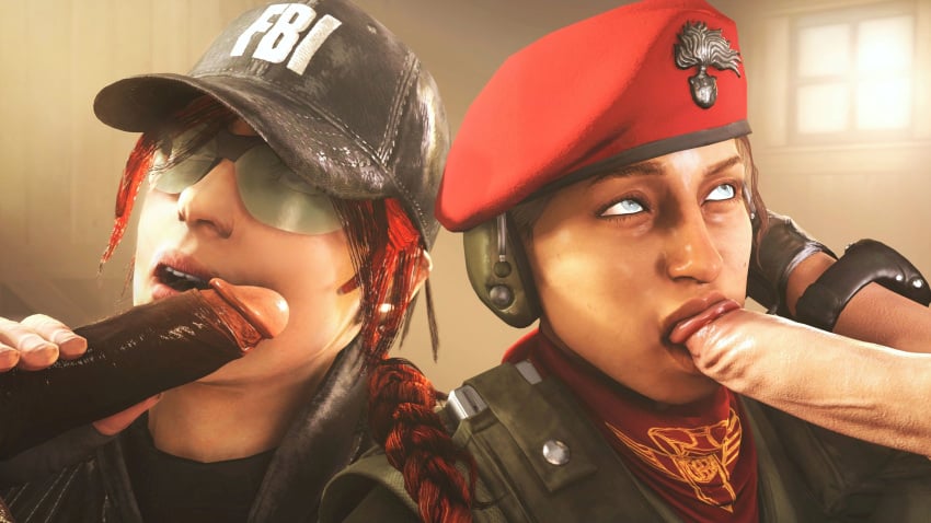 2boys 2girls 3d akatomasu alibi_(rainbow_six) ash_(rainbow_six) baseball_cap beret big_penis blowjob clothed clothing dark-skinned_male dark_skin fellatio female female_focus fingers foursome grabbing grabbing_penis headphones headwear hi_res highres interracial just_the_tip light-skinned_female light-skinned_male light_skin lips looking_at_partner looking_up male military military_hat military_uniform open_mouth oral oral_penetration oral_sex penis penis_on_cheek police rainbow_six rainbow_six_siege shocked shocked_expression source_filmmaker straight sunglasses tinted_eyewear tom_clancy watch wristwatch