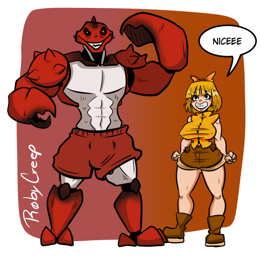 1boy 1girls 1monster ass bare_shoulders biceps big_ass big_breasts big_butt big_penis black_eyes blonde_hair breasts busty butt cheese cheesly clothed clothing crab craboy dialogue english_text female full_body hips humanoid large_ass large_breasts large_butt male monster monster_boy motoanexo muscles muscular muscular_male penis red_skin short_hair shorts size_difference smile smiling speech_bubble standing straight talking text thick thick_ass thick_thighs thighs thorns white_skin wide_hips yellow_hair