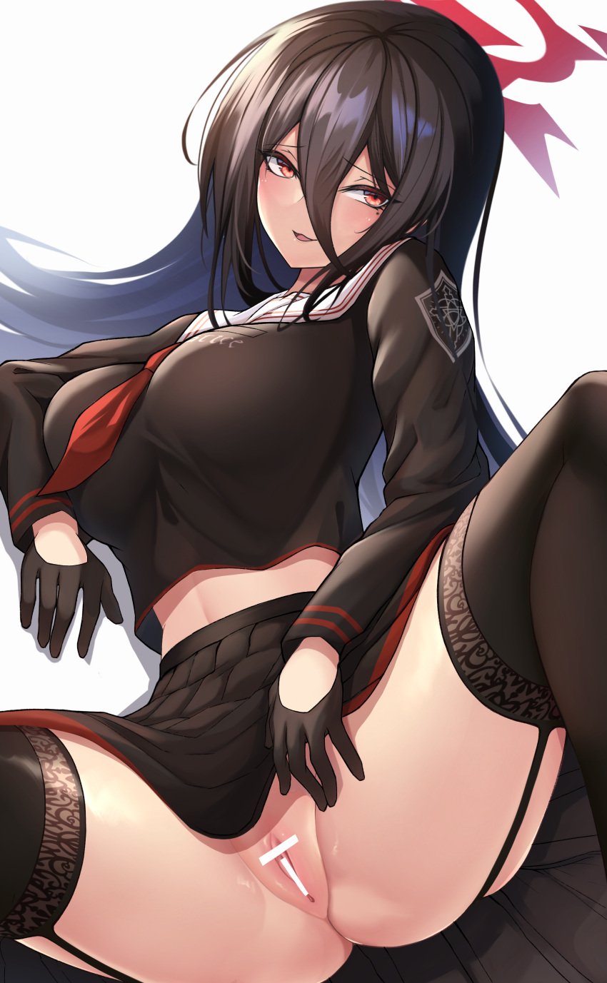 1girls bar_censor black_gloves black_hair black_shirt black_skirt black_stockings blue_archive blush bottomless breasts censored clothing female female_only garter_belt gloves hasumi_(blue_archive) huge_breasts justice_task_force_(blue_archive) large_breasts long_hair looking_to_the_side miniskirt navel necktie on_side open_mouth oserotto pale-skinned_female pleated_skirt pussy red_eyes sailor_uniform school_uniform sitting skirt sole_female spread_legs stockings tagme thick_thighs thighhighs trinity_general_school_student upskirt white_background white_censor_bar