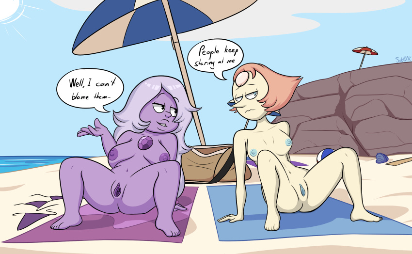 2girls amethyst_(steven_universe) beach beach_ball big_breasts bikini bikini_bottom bikini_top blue_nipples blue_pussy breasts chubby embarrassed english_text female female_only gem gem_(species) multiple_girls nipples nude parasol pearl_(steven_universe) purple_skin pussy small_breasts speech_bubble steven_universe subzerokelvin white_skin