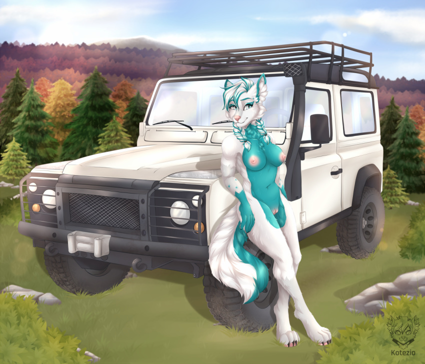 ahdrii anthro blue_eyes braided_hair breasts canid canine canis car digital_media_(artwork) female full-length_portrait fur genitals hair kotezio land_rover looking_at_viewer mammal medium_truck multicolored_body nipples nude outside portrait pussy smile solo standing truck_(vehicle) vehicle wolf