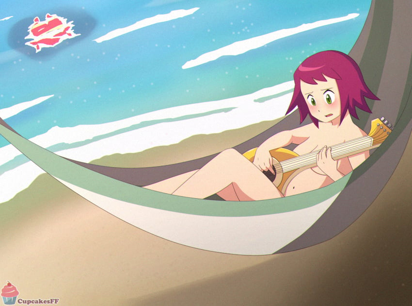 acoustic_guitar beach clothes_removed convenient_censoring covered_nipples cupcakesff female_only hammock mega_man mega_man_star_force naked no_eyewear nude_female solo_focus sonia_strumm swimsuit_removed