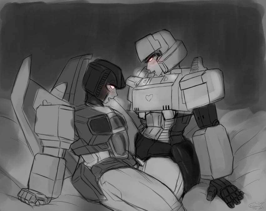 2girls bed blush breath genderswap genderswap_(mtf) megatron monochrome red_eyes robot robot_girl rule_63 scissoring starscream transformers tribadism yuri