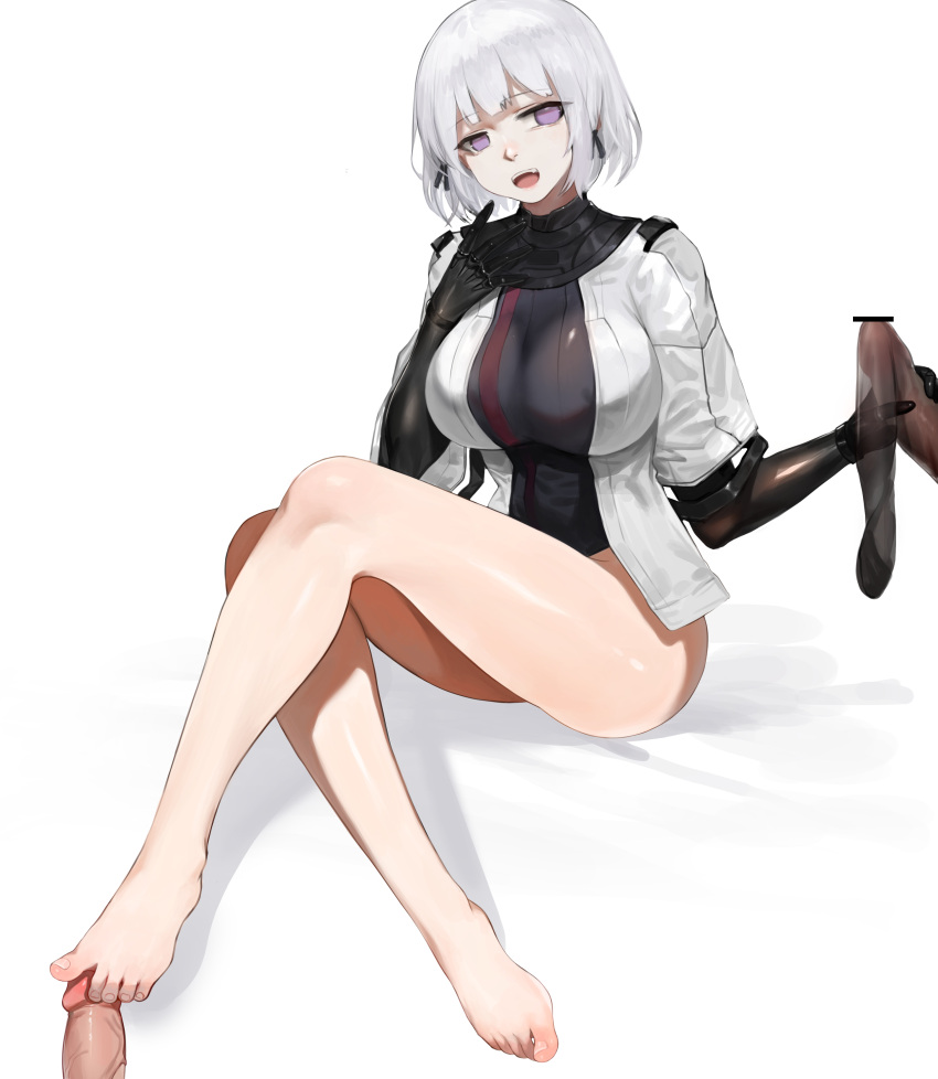 absurdres bangs bar_censor barefoot black_gloves black_legwear breasts censored dokomon elbow_gloves erection feet female footjob girls'_frontline gloves handjob highres jacket large_breasts penis penis_in_thighhigh purple_eyes rpk-16_(girls'_frontline) short_hair short_sleeves silver_hair sitting solo_focus thighhighs_removed white_jacket