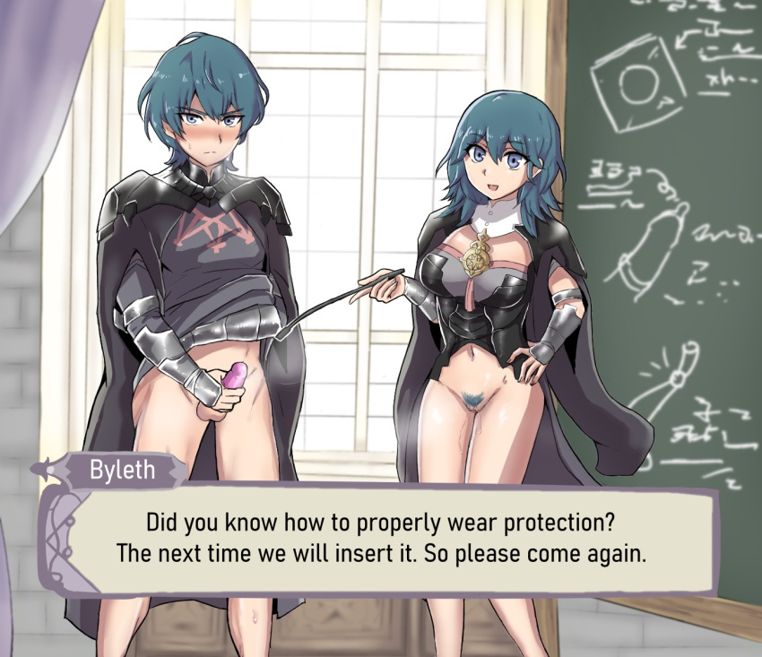 1boy 1girls azna big_breasts blackboard blue_eyes blush bottomless byleth_(fire_emblem) byleth_(fire_emblem)_(female) byleth_(fire_emblem)_(male) condom condom_on_penis dual_persona edit embarrassed english_text exhibitionism female_pubic_hair fire_emblem fire_emblem:_three_houses heavy_breathing looking_at_viewer medium_hair multiple_persona nintendo open_mouth open_smile pointer pointing pubic_hair pussy pussy_juice sex_education short_hair smile steam steaming_body steamy_pussy teacher teaching teal_hair text translated