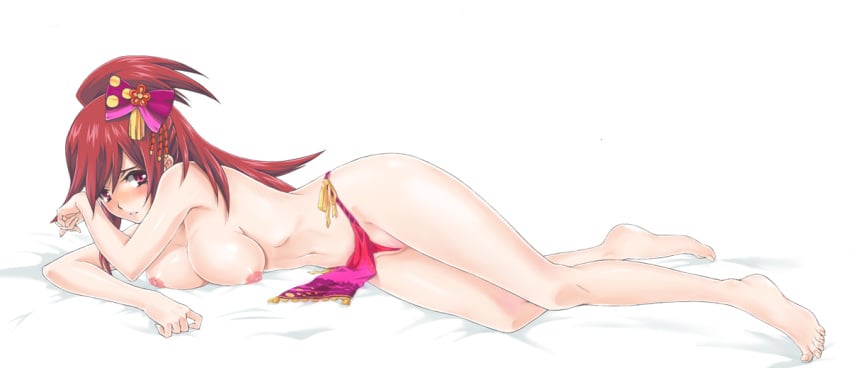 1girls big_breasts blush bow fundoshi josei_nyoshou large_breasts long_hair looking_at_viewer lying oichi_(pokemon) pink_eyes pokemon pokemon_conquest ponytail white_background