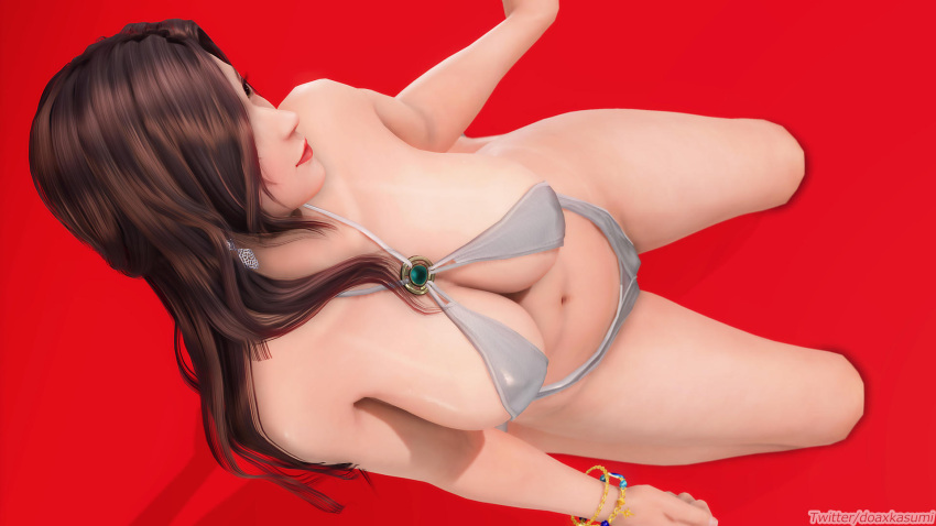 3d bikini bocas_top breasts brown_eyes brown_hair cleavage dead_or_alive dead_or_alive_xtreme_venus_vacation doax-kasumi huge_breasts kneeling long_hair navel sayuri_(dead_or_alive) viewed_from_above