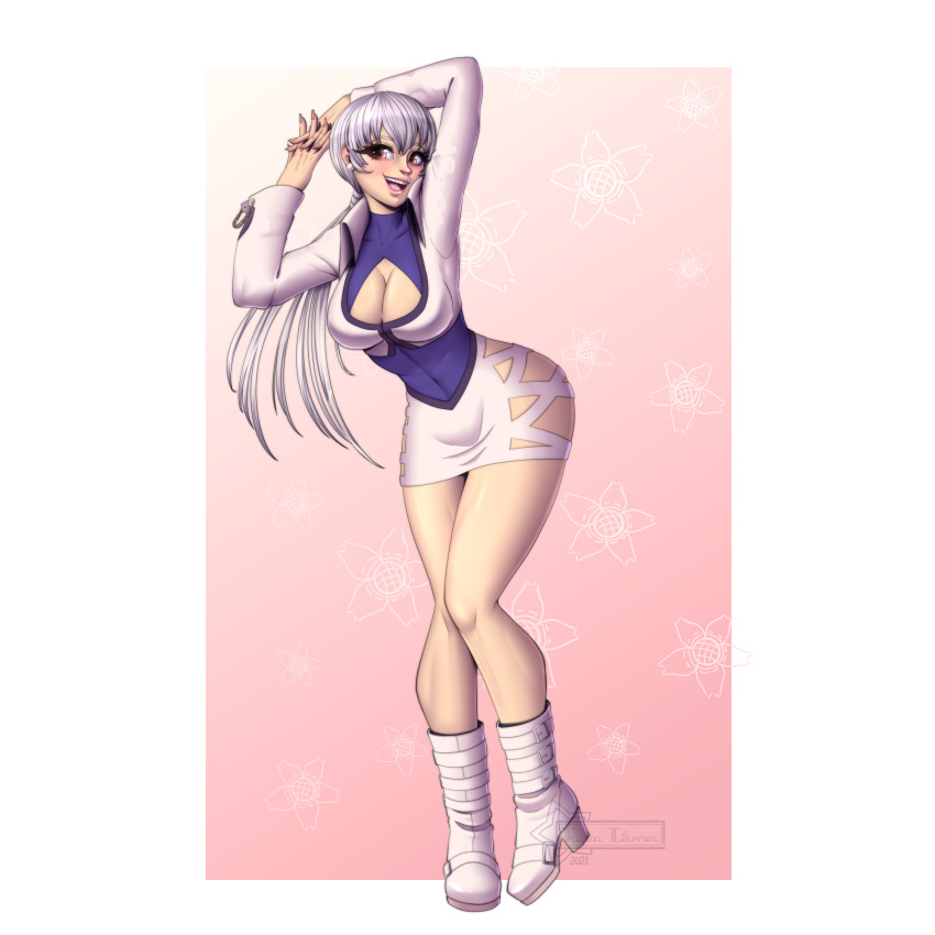 1:1 1girls breasts cleavage earrings female female_only genderswap heel_boots king_of_fighters lipstick mascara nail_polish neckline ponytail rule_63 shermie_(cosplay) snk solo white_hair yashiro_nanakase