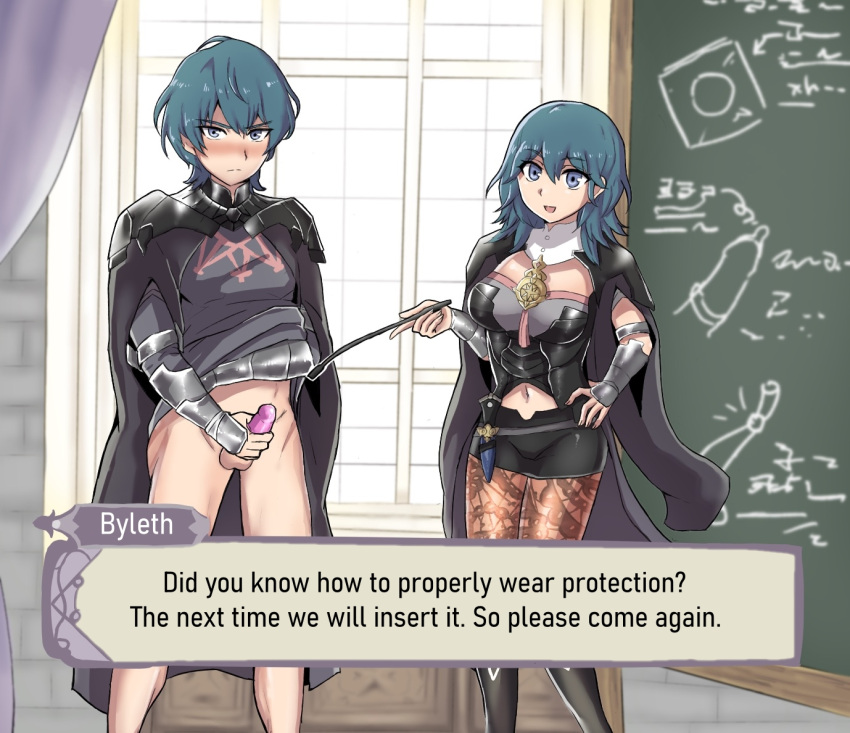 1boy 1girls azna big_breasts blackboard blue_eyes blush bottomless byleth_(fire_emblem) byleth_(fire_emblem)_(female) byleth_(fire_emblem)_(male) condom condom_on_penis dual_persona edit embarrassed english_text exhibitionism fire_emblem fire_emblem:_three_houses leggings looking_at_viewer medium_hair multiple_persona nintendo open_mouth open_smile pointer pointing sex_education short_hair shorts smile teacher teaching teal_hair text translated