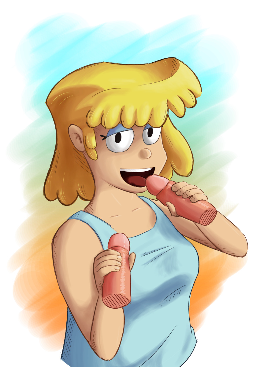 1girls bedroom_eyes blonde_hair disembodied_penis double_middle_finger(artist) grabbing_penis lori_loud penis short_hair the_loud_house tongue_out white_background