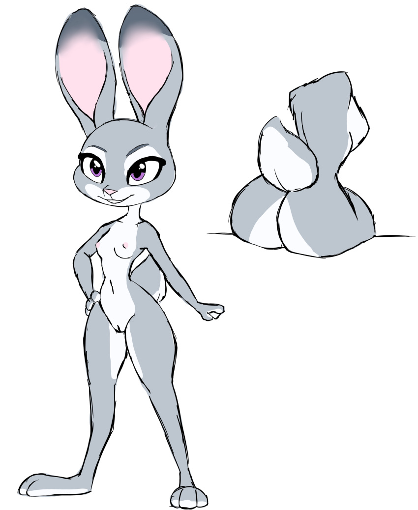 2021 absurd_res anthro ass breasts countershade_torso countershading dipstick_ears disney female fur grey_body grey_fur hi_res judy_hopps lagomorph leporid mammal multicolored_ears nipples nude purple_eyes rabbit simple_background small_breasts solo standing thousandarms white_background white_body white_fur zootopia