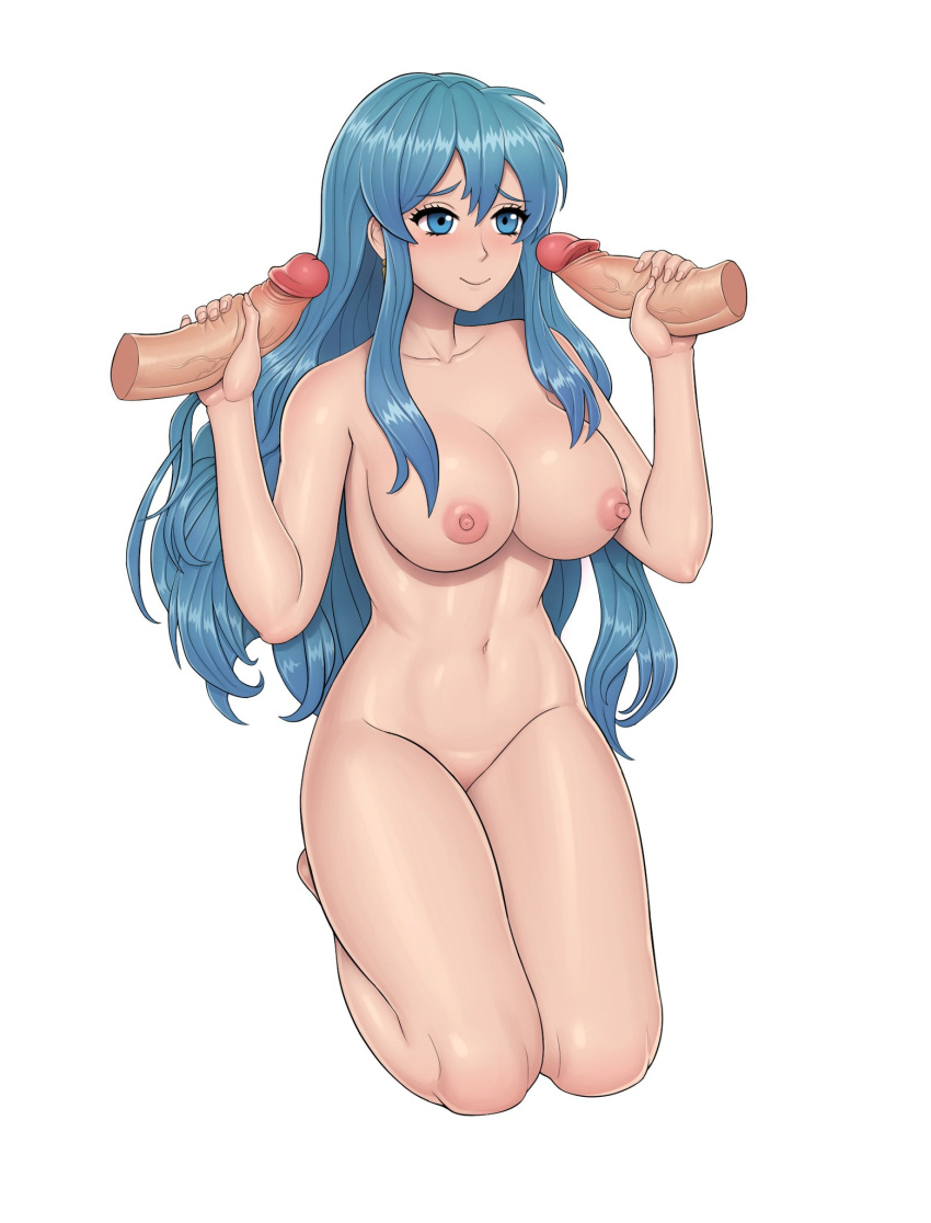 1girls 2boys anon_bardos bare_thighs big_breasts blue_eyes blue_hair collarbone completely_nude double_handjob eirika_(fire_emblem) fire_emblem fire_emblem:_the_sacred_stones handjob large_breasts light-skinned_female light-skinned_male light_skin long_hair mmf_threesome nintendo nipples nude nude_female shy_smile smile threesome very_long_hair white_background