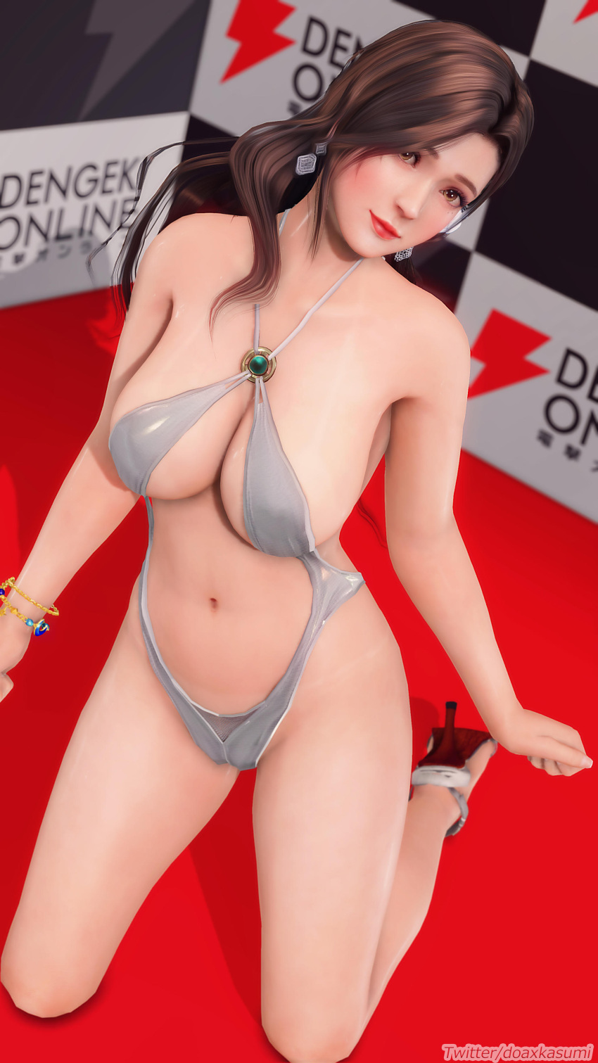 3d bikini bocas_top brown_eyes brown_hair cleavage dead_or_alive dead_or_alive_xtreme_venus_vacation doax-kasumi high_heels huge_breasts kneeling sayuri_(dead_or_alive) voluptuous