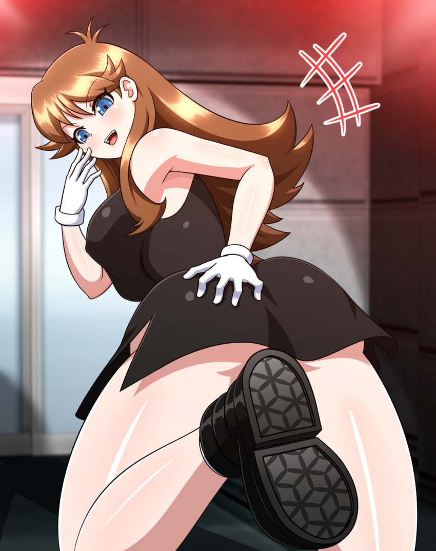 ass ass_grab blue_eyes boots brown_hair cheeky dress gloves green_(pokemon) large_breasts leaf_(pokemon) pokemon pokemon_(manga) pokemon_adventures thick_thighs yensh