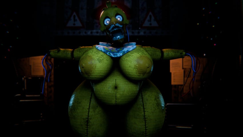 3d animatronic beak bib chicken chubby chubby_female five_nights_at_freddy's five_nights_at_freddy's_2 fnaf2_location glowing_eyes large_breasts looking_at_viewer masteryorg0 nipples open_arms robot robot_girl sharp_teeth solo tagme thick thick_thighs voluptuous wide_hips withered_chica