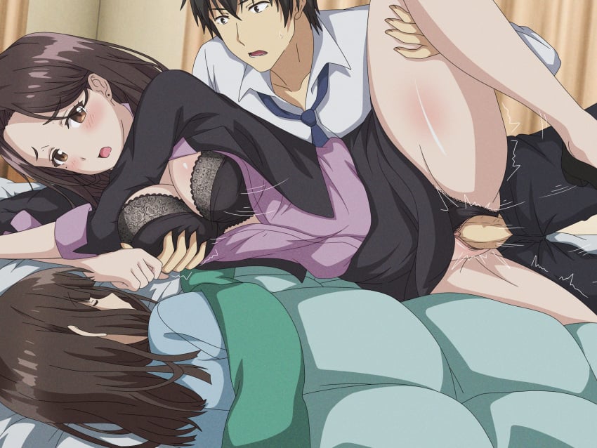 1boy 2girls bed bed_sheet big_breasts black_bra black_hair black_panties blazer blush bra breast_grab breasts brown_eyes brown_hair clothed_sex clothing cuckquean duo eufoniuz eufoniuzz female gotou_airi hand_on_breast hige_wo_soru._soshite_joshikousei_wo_hirou. knee_up large_breasts long_hair lying male matching_underwear moaning mole mole_under_eye multiple_girls necktie ogiwara_sayu on_bed on_side open_mouth pajamas panties panties_aside pants patreon_reward penetration penis penis_out pussy sex sex_next_to_sleeping_person sharing_bed shirt shoes skirt sleeping sleeves_rolled_up spooning spread_legs stealth_sex sweat sweatdrop uncensored underwear vaginal_penetration vaginal_sex very_high_resolution yoshida_(higehiro)