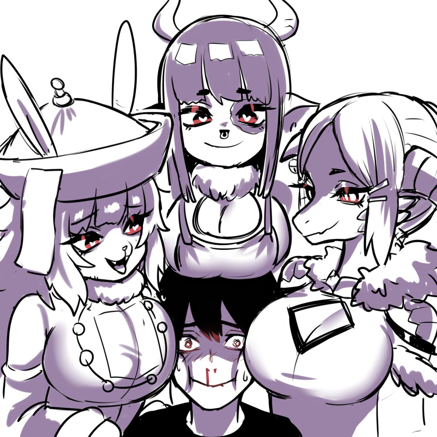 1boy 3girls artist_request bangs bare_shoulders black_hair blush bovine breast_press breasts breasts_on_head character_request cleavage copyright_request cow_ears furry hat headgear heart-shaped_pupils horns human lagomorph large_breasts mischievous monochrome neck_tuft nose_piercing nosebleed open_mouth pointy_ears rabbit_teeth red_eyes reptile scales smile teeth tongue tongue_out tuft twintails white_background