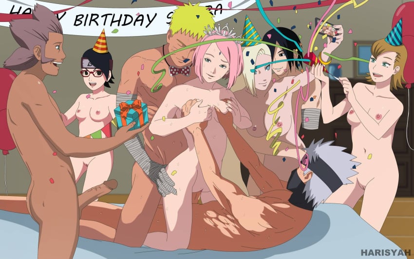 4boys 4girls age_difference balloon birthday blonde_hair boruto:_naruto_next_generations breast_grab breasts doggy_style double_penetration family father_and_daughter harem harisyah haruno_kizashi haruno_mebuki hatake_kakashi husband_and_wife ino_yamanaka mother_and_daughter naruto orgy party party_hat pink_hair present sakura_haruno sarada_uchiha sasuke_uchiha selfie short_hair swingers teacher_and_student uzumaki_naruto