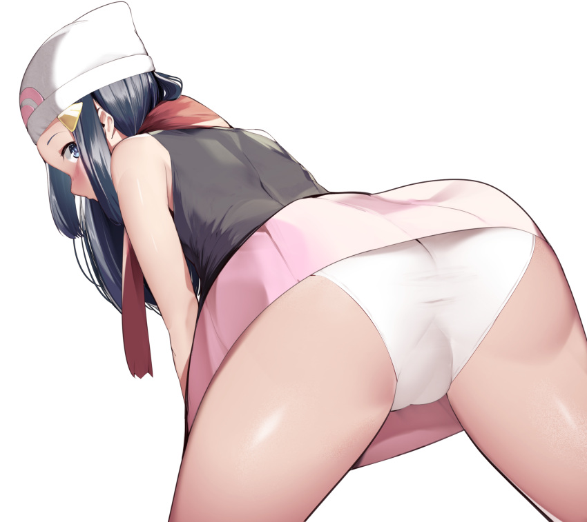 ass blue_eyes blue_hair bottomwear butt cameltoe dawn_(pokemon) hat looking_back nintendo panties pokemon pokemon_dppt scarf sha_(amfil100) skirt solo tagme thighs upskirt