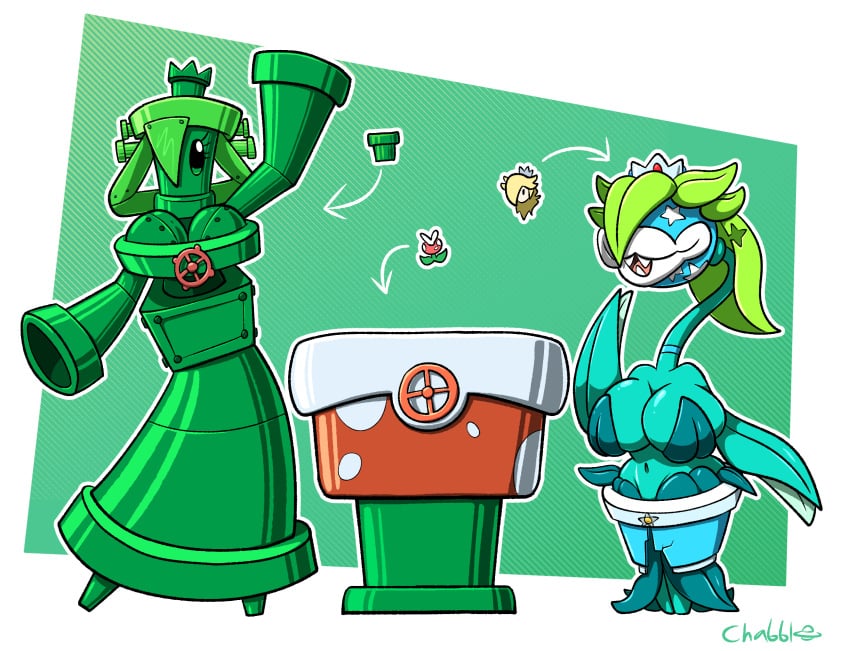 2girls animate_inanimate black_eyes chabble flower_pot green_body inanimate_transformation leaf leaf_arms leaf_hair mario_(series) metal_body metalic_skin no_eyes no_mouth noun_swap piranha_plant plant plant_girl post-transformation princess_rosalina sharp_teeth shiny transformation warp_pipe
