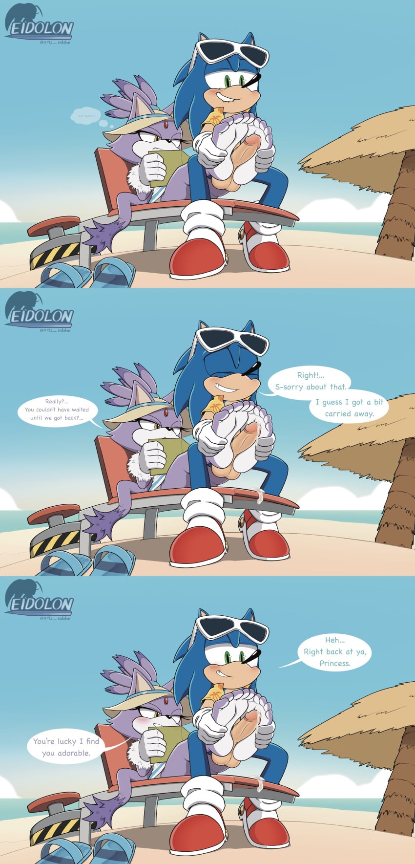 annoyed anthro arts_eidolon beach big_penis blaze_the_cat blush bodily_fluids closed_eyes clothing comic cum cum_on_feet cum_on_soles cum_on_toes dialogue duo eulipotyphlan eyewear eyewear_on_head feet felid feline female foot_fetish foot_focus foot_play footjob footwear full_comic genital_fluids genitals hat headgear headwear hedgehog hi_res male male/female mammal pawjob penile penis sandals sega sex shoes soles sonic_(series) sonic_the_hedgehog sonic_the_hedgehog_(series) sun_hat sunglasses tagme thought_bubble toes
