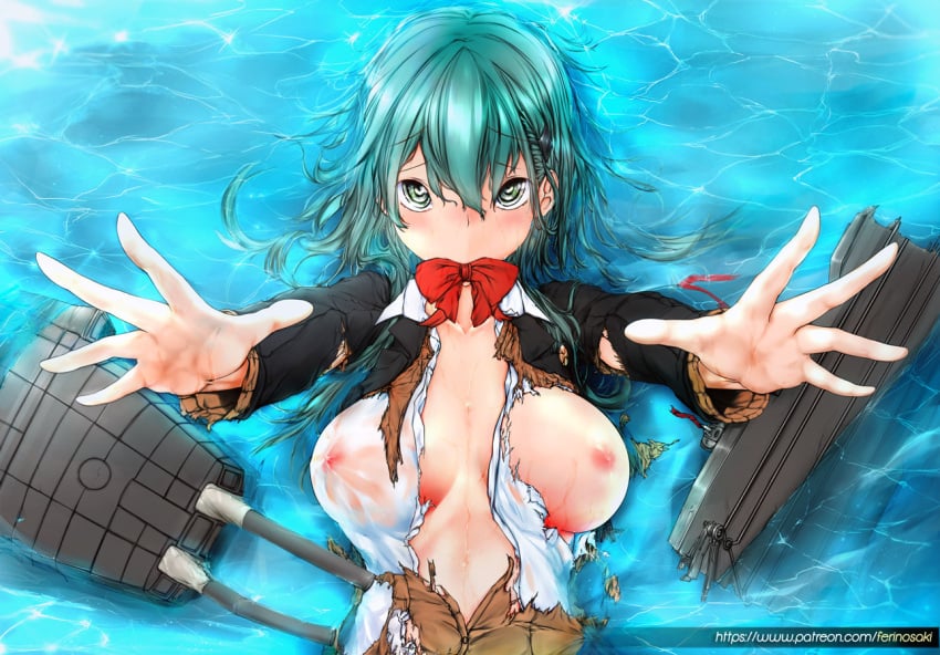 battle_damage blue_hair blush female ferinosaki grey_eyes kantai_collection large_breasts looking_at_viewer patreon reaching_out reaching_towards_viewer see-through see-through_clothing see-through_top solo suzuya_(kantai_collection) torn_clothes wet_clothes