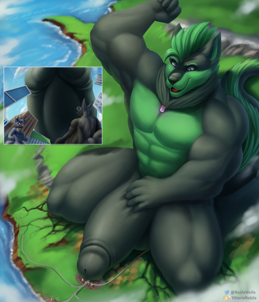 absurd_res anthro balls big_penis black_body black_fur black_nose building canid canine city destruction dragon erection fur genitals green_body green_fur grey_body grey_fur group hi_res huge_cock hybrid hyper hyper_genitalia hyper_penis macro male mammal muscular muscular_anthro muscular_male penis purple_eyes roads shadow solo_focus thomas_green vittorionobile