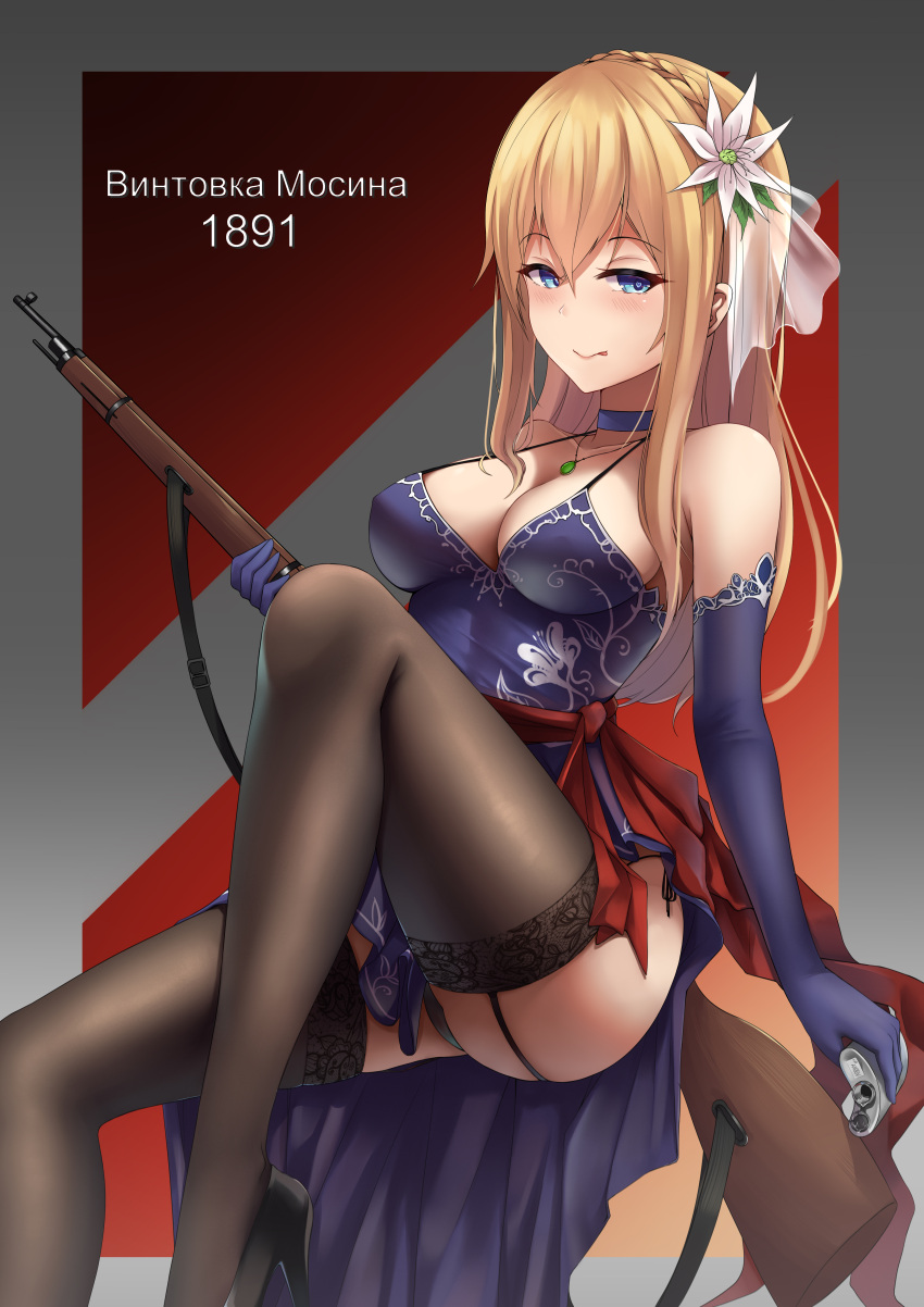 blonde_hair blue_eyes blush choker crown_braid dress eastern_european flower_in_hair garter_straps girls'_frontline high_heels large_breasts licking_lips long_gloves mosin-nagant mosin-nagant_(girls'_frontline) national_personification naughty_smile necklace russia russian russian_text seductive_smile slavic smiling_at_viewer stockings thighhighs wide_hips