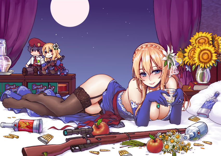 7.62x54mmr blonde_hair blue_eyes blush bullet bullets crown_braid dress drunk garter_straps girls'_frontline large_breasts long_gloves mosin-nagant_(girls'_frontline) necklace scope thighhighs wide_hips