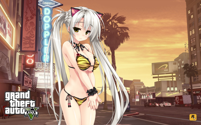 1girls art big_breasts bikini blush cat_ears city_background cityscape crossover embarrassed grand_theft_auto grand_theft_auto_v haruru_minamo_ni! hatagami_mei long_pigtails long_twintails nervous outdoors parody pigtails rockstar_games sheepish_grin skinny swimsuit tied_bikini tiger_stripes twintails very_long_hair wallpaper white_hair