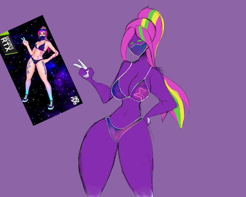 1girls bikini fortnite galaxia_(fortnite) green_eyes purple_hair purple_skin tagme