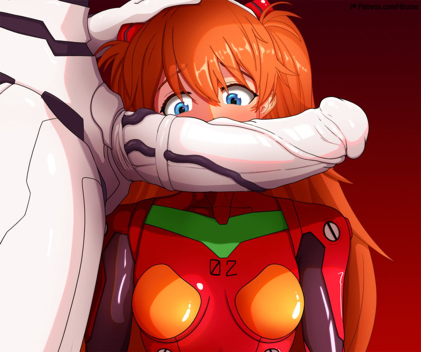 1boy 1girls asuka_langley_sohryu big_penis blue_eyes blush bodysuit clothing erection eyes_on_the_prize female female_human hair_ornament hairclip hand_on_another's_head hand_on_head highres hirume huge_cock human long_hair lower_body male mass_production_eva monster monster_boy neon_genesis_evangelion orange_hair penis penis_awe penis_in_face plugsuit uncensored upper_body veins veiny_penis white_penis white_skin