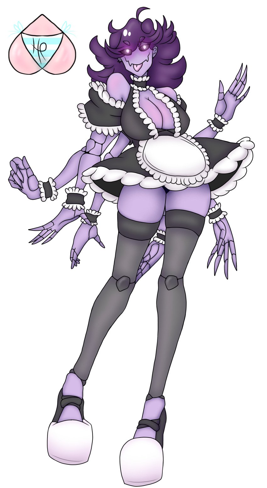 6_arms anthro arachnid big_breasts blep dark_sclera dlitzo ear_piercing ear_piercings furry high_heels humanoid maid maid_uniform muffet multi_arm multi_limb piercings purple_eyes purple_hair purple_skin revgelty shiny_eyes spider thigh_highs tongue_out undertale undertale_fanfiction