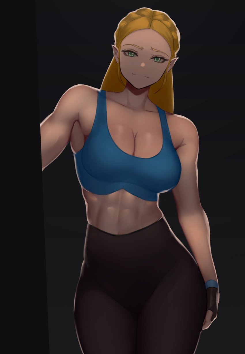 1girls abs absurd_res black_background blonde_hair breath_of_the_wild cleavage demigoddess female female_only fingerless_gloves fit fit_female green_eyes hylian long_hair looking_at_viewer nintendo pointy_ears princess princess_zelda royalty solo solo_female sportswear the_legend_of_zelda workout_clothes yoga_pants zaki_btw zelda_(breath_of_the_wild)