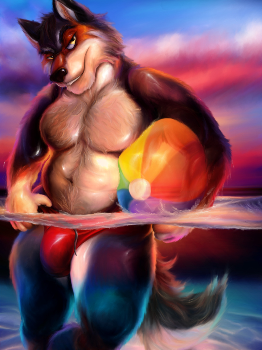 2021 5_fingers anthro ball beach_ball brown_body brown_fur brown_nose bulge canid canine canis clothed clothing eyebrows fingers fur genital_outline hi_res killianwalker looking_at_viewer male male_only mammal multicolored_body multicolored_fur outside partially_submerged penis_outline sea sky slightly_chubby smile solo standing standing_in_water sun sunset swimwear tight_underwear topless two_tone_body two_tone_fur water wolf yellow_eyes