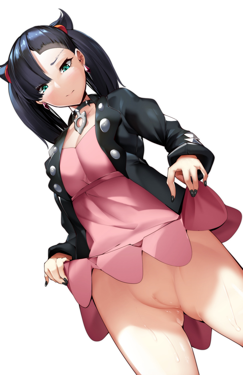 1girls ass black_hair blue_eyes creative_censorship looking_down marnie_(pokemon) morpeko nintendo pokemon pokemon_ss sha_(amfil100) skirt_lift tagme wet white_background