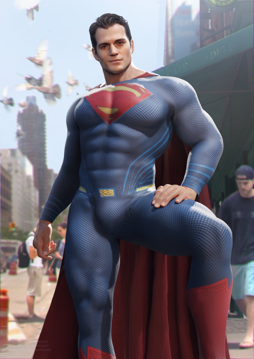 1boy 3d abs abs_visible_through_clothing actor appasart bara big_chest big_pecs black_hair bulge celebrity clark_kent dark_hair dc dc_comics henry_cavill in_character male male_chest male_focus male_only muscle muscles muscular muscular_male outdoors pecs pectorals public realistic skin_tight solo solo_focus solo_male spandex superhero superman superman_(series) tight_clothing white_male