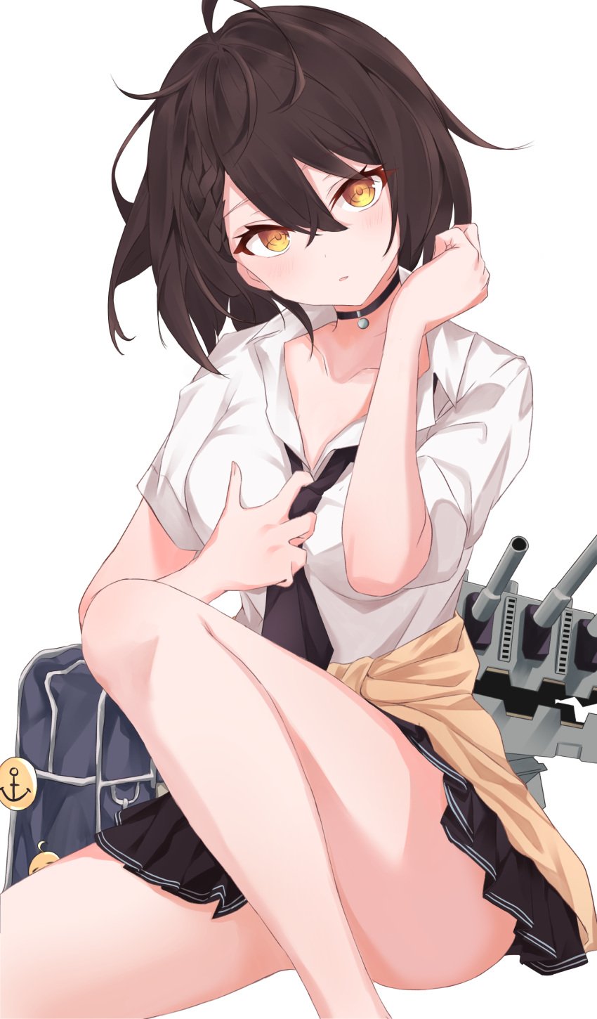 1girls absurdres ahoge azur_lane bag baltimore_(after-school_ace)_(azur_lane) baltimore_(azur_lane) black_choker black_neckwear black_skirt braid brown_hair choker collarbone collared_shirt commission eagle_union_(azur_lane) female female_only french_braid highres light-skinned_female light_skin looking_at_viewer necktie official_alternate_costume pleated_skirt school_bag shirt short_sleeves simple_background single_braid sitting skirt solo vayneeeee white_background white_shirt yellow_eyes