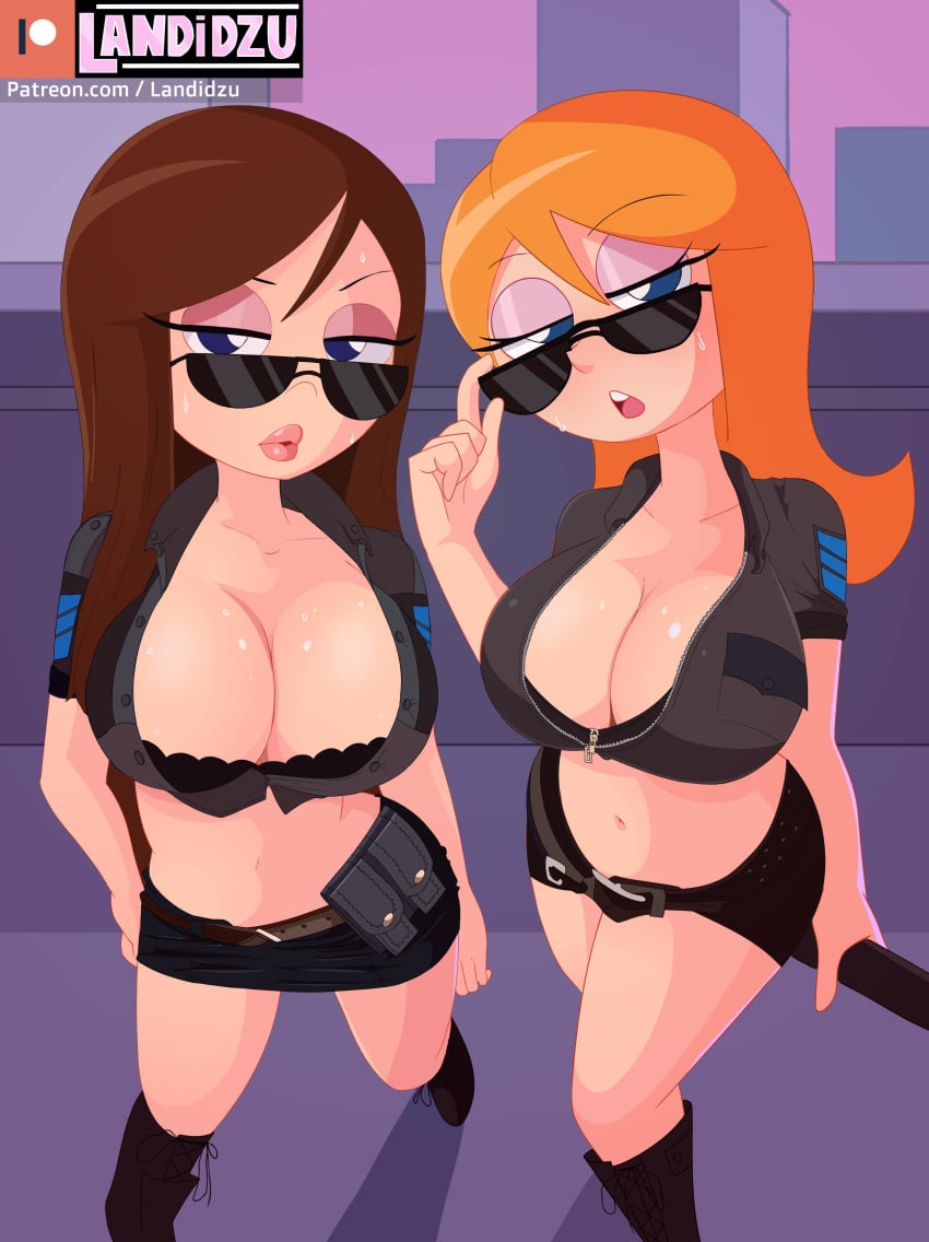 2girls adjusting_eyewear adjusting_glasses alternate_version_available baton belly belt big_breasts blue_eyes boots bra breasts brown_hair candace_flynn cleavage clothed clothing detailed_background disney disney_channel disney_xd duo eyebrows_visible_through_hair eyelashes eyeshadow female female_only ginger glasses hair_between_eyes hair_over_shoulder half-closed_eyes hi_res holding_object jacket landidzu light-skinned_female light_skin long_hair looking_at_viewer looking_over_eyewear looking_over_sunglasses multiple_girls navel open_mouth orange_hair patreon patreon_username phineas_and_ferb police police_uniform policewoman revealing_clothes shiny_skin shorts skirt standing sunglasses sweat teeth thighs tinted_eyewear tongue vanessa_doofenshmirtz watermark white_female zipper