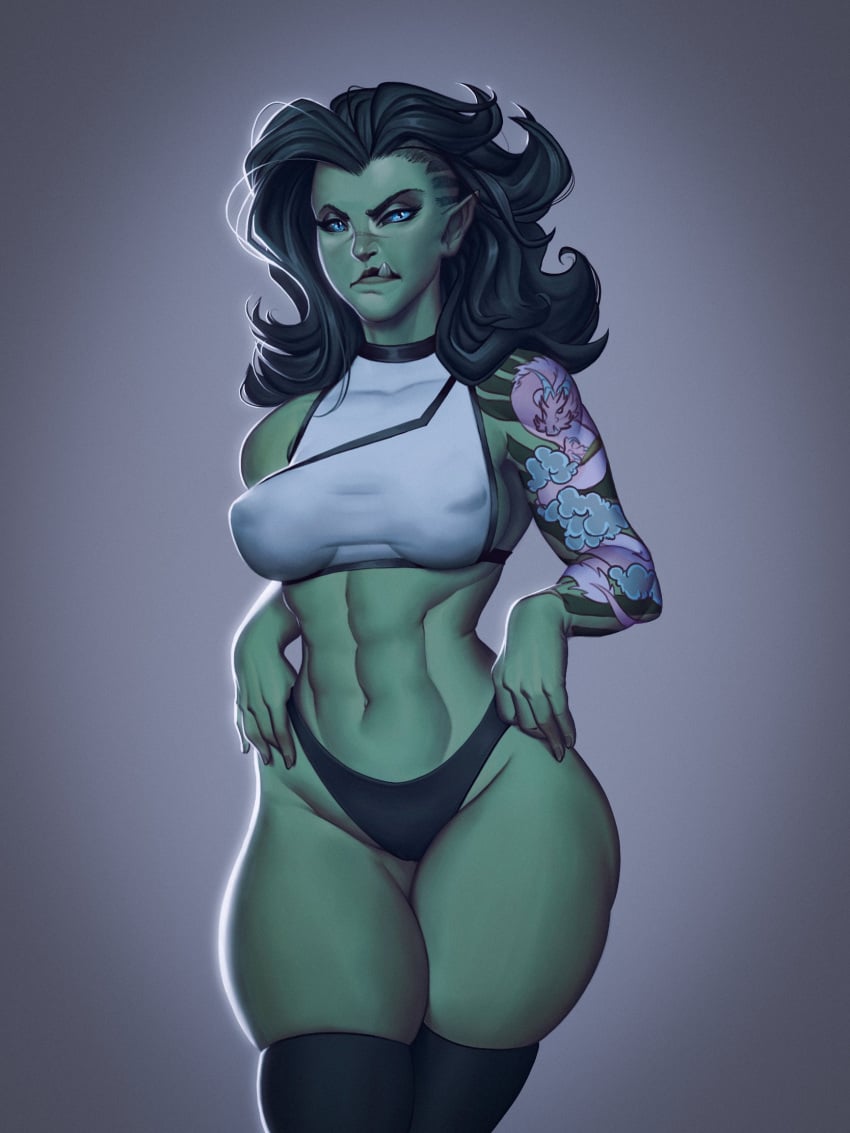 1girls abs arm_tattoo black_hair black_sclera black_thighhighs blue_eyes female female_only gitblue green_skin hi_res legs_together long_hair looking_away oerba_yun_fang orc orc_female panties pointy_ears scar scar_across_nose shaded slit_pupils solo solo_female taika_hawk-eye tank_top tattoo tattooed_arm thick_thighs thigh_squish thighhighs toned toned_female