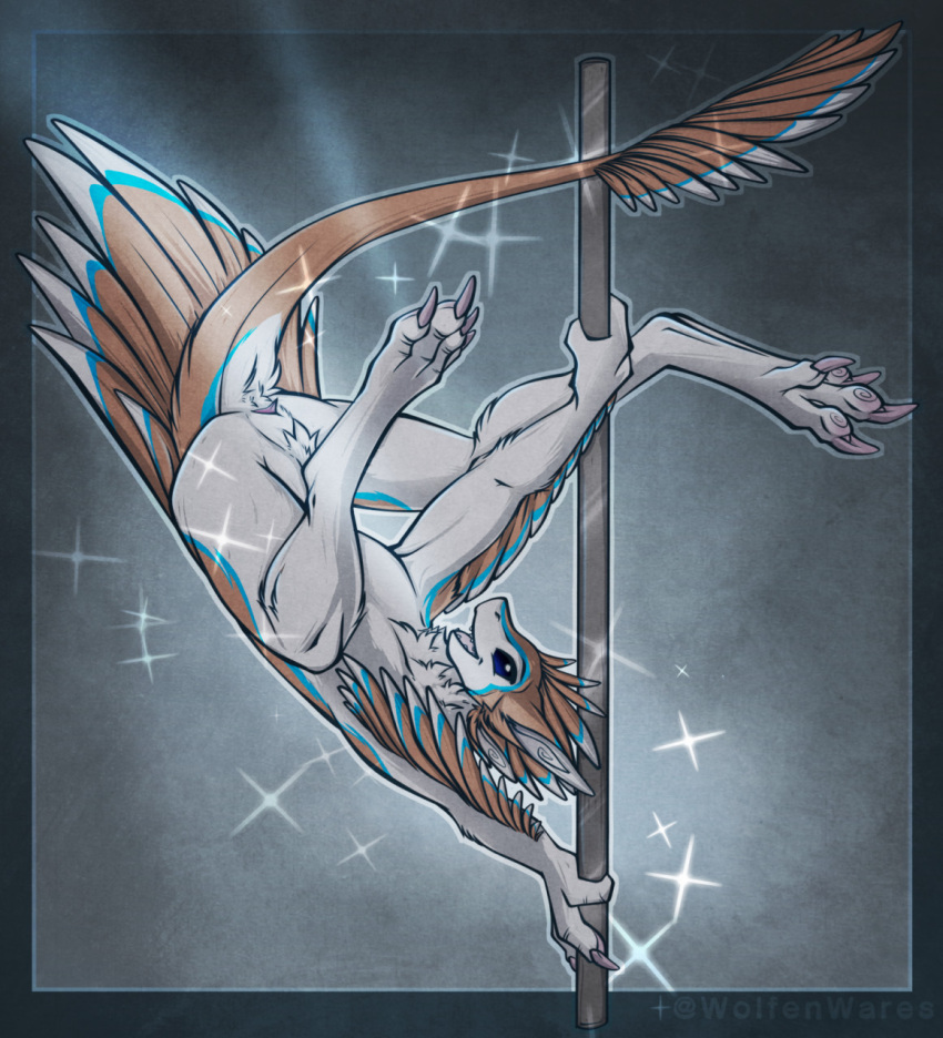 4_ears 4_toes animal_genitalia anthro avali ayra_(oceansend) brown_body brown_feathers cloaca dancing feathered_wings feathers feet genitals hi_res male multi_ear pole pole_dancing simple_background solo toes white_body wings wolfenwares